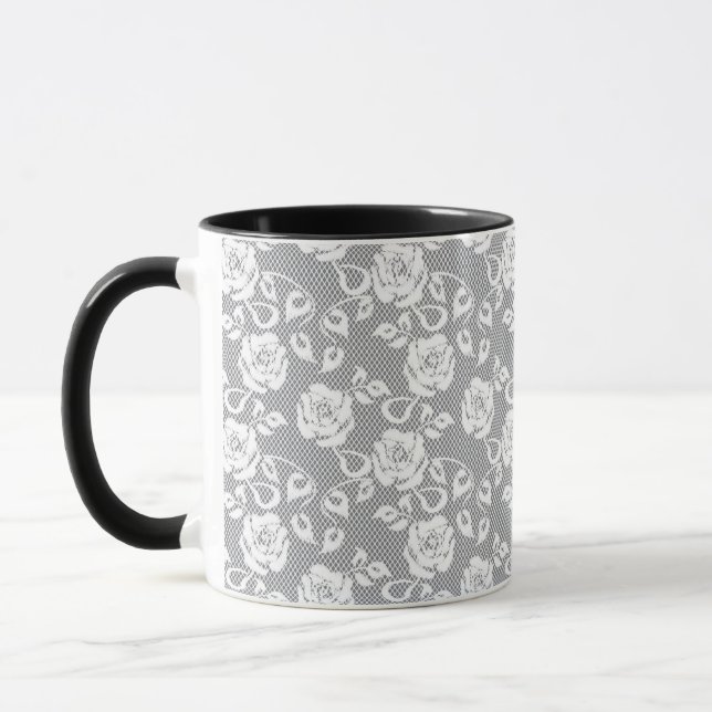 White lace pattern on gray background mug (Left)