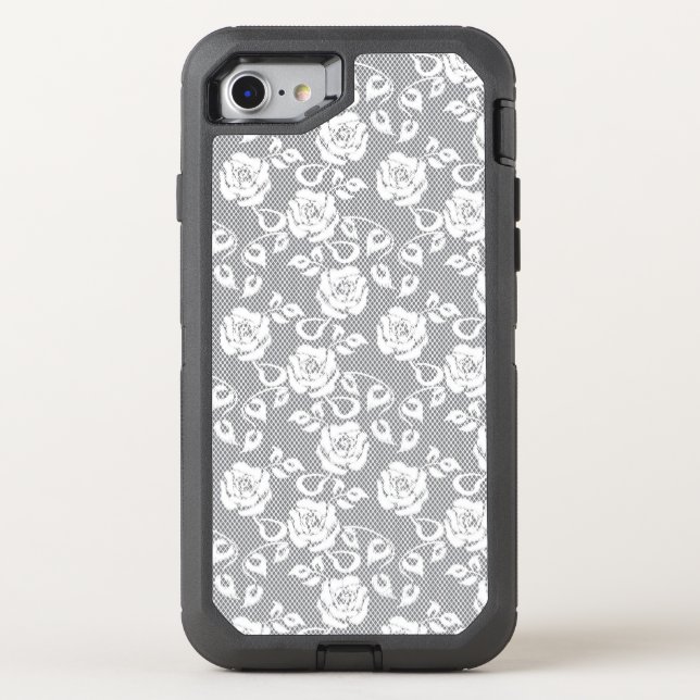 White lace pattern on gray background otterbox iPhone case (Back)