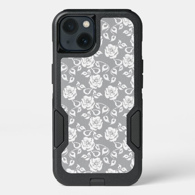 White lace pattern on gray background otterbox iPhone case (Back)