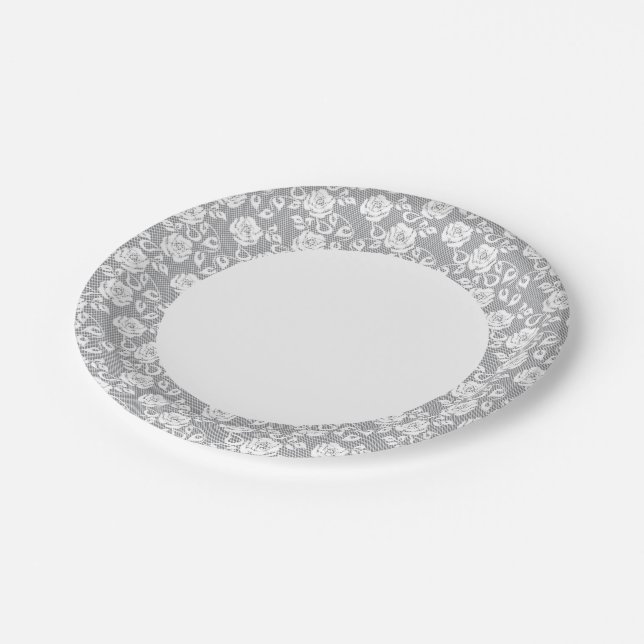 White lace pattern on gray background paper plates (Angled)