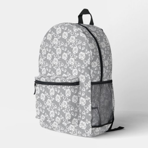 White lace pattern on gray background printed backpack