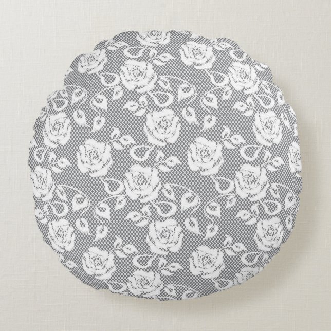 White lace pattern on gray background round pillow (Front)