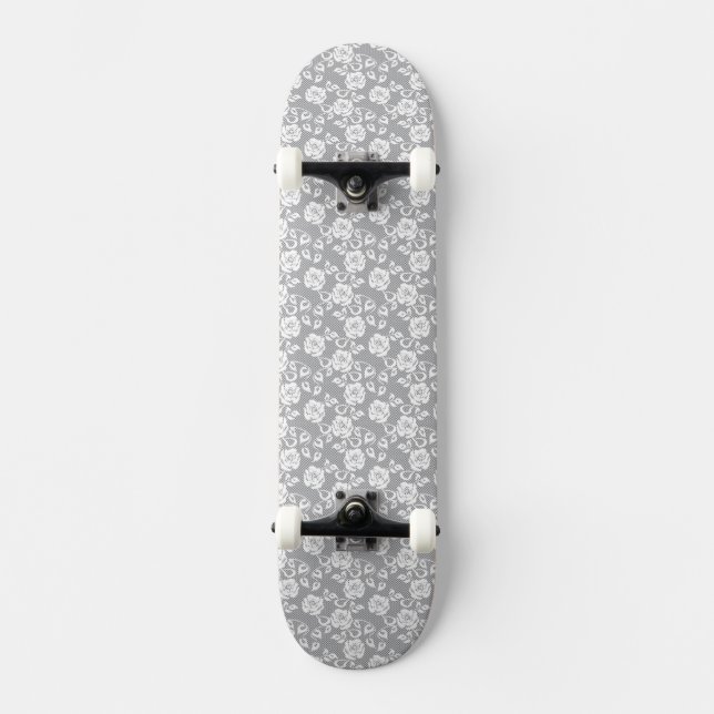 White lace pattern on gray background skateboard deck (Front)