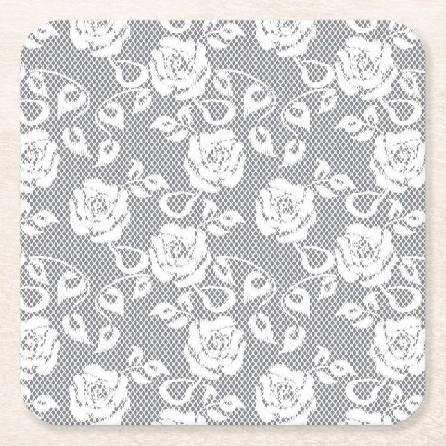 White lace pattern on gray background square paper coaster (Front)