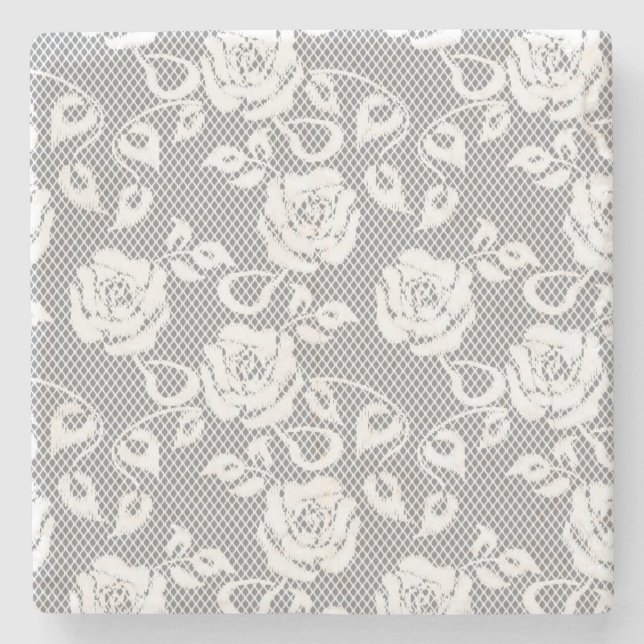 White lace pattern on gray background stone coaster (Front)