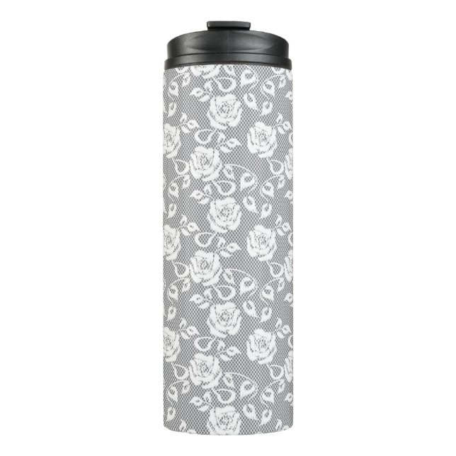 White lace pattern on gray background thermal tumbler (Front)