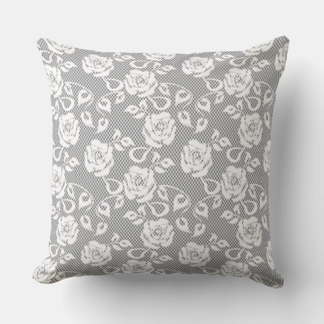 White lace pattern on gray background throw pillow (Front)