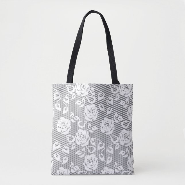 White lace pattern on gray background tote bag (Front)