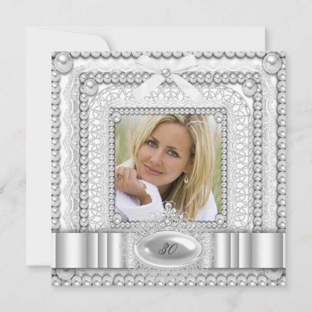 White Lace Pearl Photo Birthday Party Invitation (Front)
