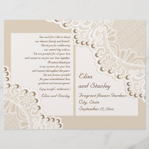 White lace  pearls beige folded wedding program