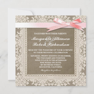 White lace pink bow & burlap wedding invitations