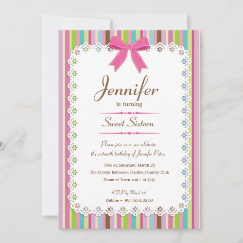 White Lace Pink Bow Candy Stripes Sweet 16 5x7 Invite