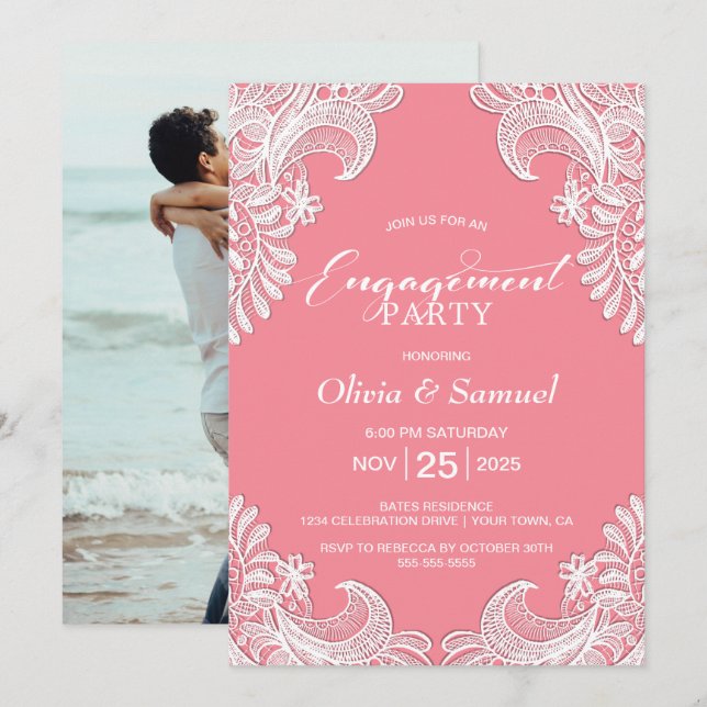 White Lace Pink Custom Photo Engagement Party Invitation (Front/Back)