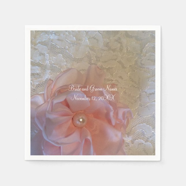 White Lace Pink Flower With Pearl Paper Napkins (Front)