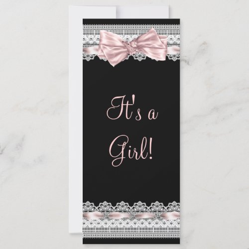 White Lace Pink Ribbon Pink Black Baby Girl Shower Personalized Announcement