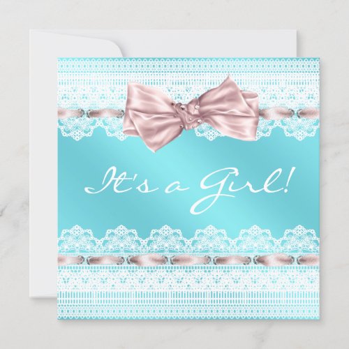 White Lace Pink Ribbon Teal Blue Girl Baby Shower Personalized Announcement