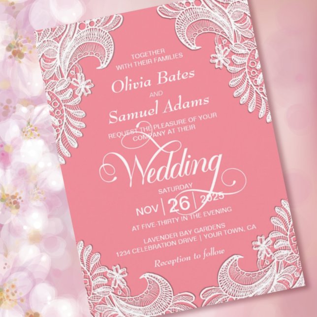 White Lace Pink Wedding Invitation (Creator Uploaded)