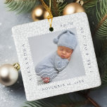 White Lace Postage Stamp Photo Frame Birth Ceramic Ornament<br><div class="desc">Minimal and elegant simple baby photo & birth Stats keepsake photo ornament. The design features an elegant faux white lace background. simple minimal design with a postage stage photo frame design to display your special baby photo. The Baby's Name, date, time, and birth stats are displayed in a simple modern...</div>