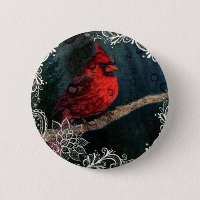 White lace Primitive Christmas Red Cardinal Pinback Button (Front)