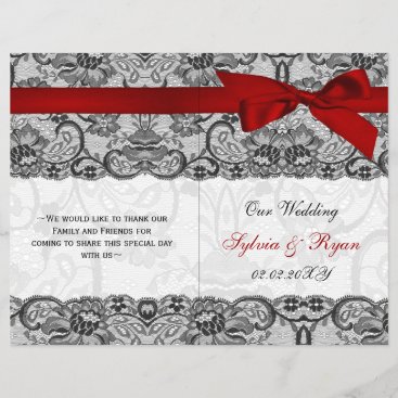 white lace,red ribbon book fold Wedding program