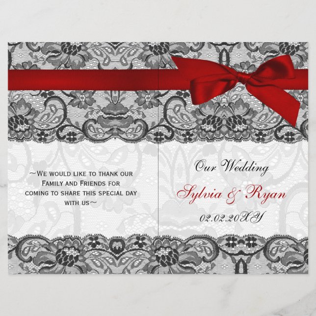 white lace,red ribbon book fold Wedding program (Front)