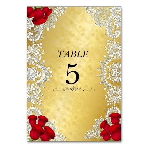 White Lace Red Roses on Gold  Table Number