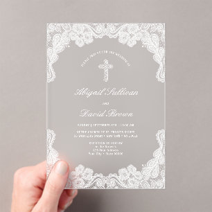 White Lace Religious Wedding Acrylic Invitations