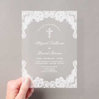 White Lace Religious Wedding Acrylic Invitations