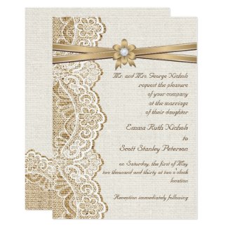 White lace, ribbon, flower & burlap wedding invitation