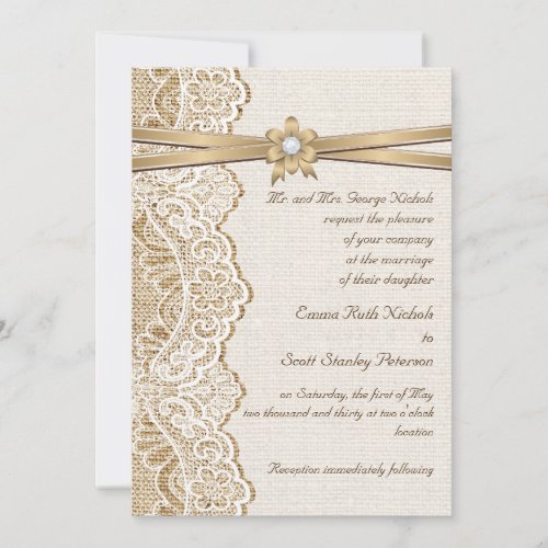 White lace, ribbon, flower &amp; burlap wedding invites