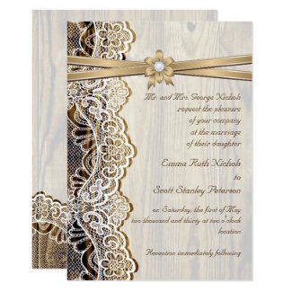 White lace, ribbon, flower & wood wedding invitation