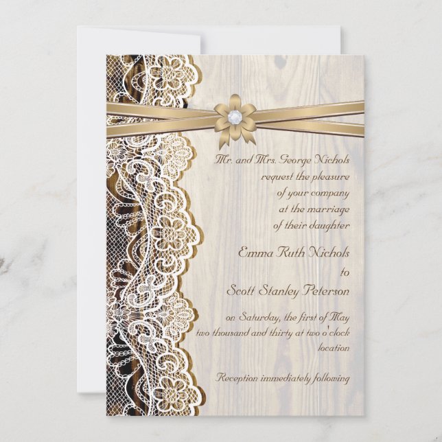 White lace, ribbon, flower & wood wedding invitation (Front)