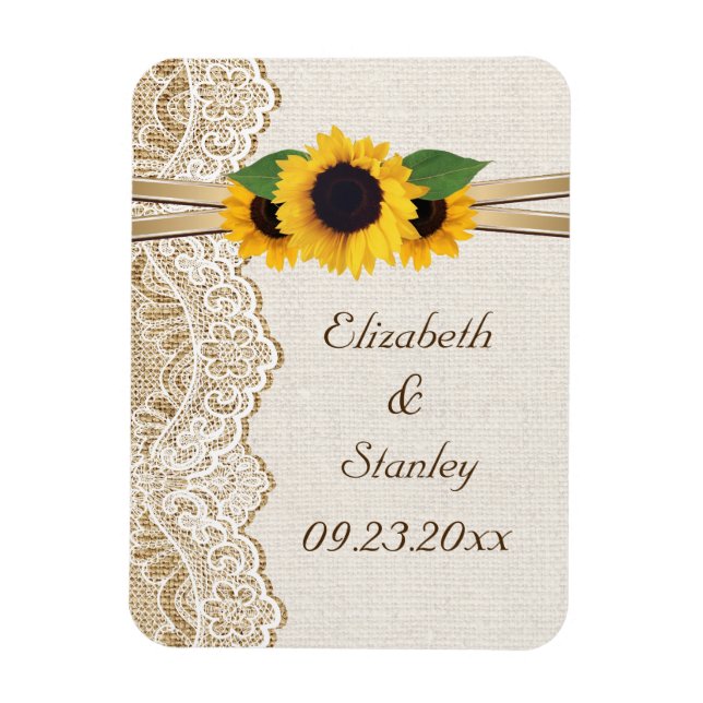 White lace, ribbon, sunflowers and burlap wedding magnet (Vertical)