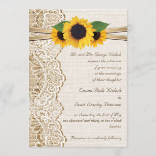 White lace, ribbon & sunflowers on burlap wedding invitation