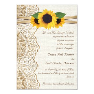 White lace, ribbon & sunflowers on burlap wedding invitation