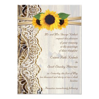 White lace, ribbon & sunflowers on wood wedding invitation