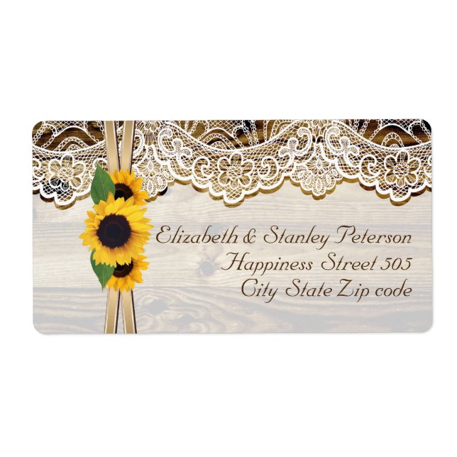 White lace, ribbon & sunflowers on wood wedding label (Front)