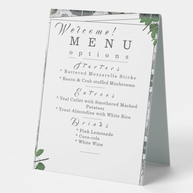 White Lace & Rose Leaves Menu Table Tent (Front)