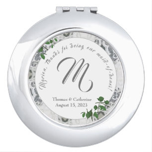White Lace & Rose Leaves Monogram Bridesmaid Gift Compact Mirror