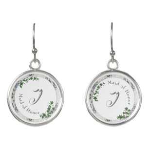 White Lace & Rose Leaves Monogrammed  Earrings