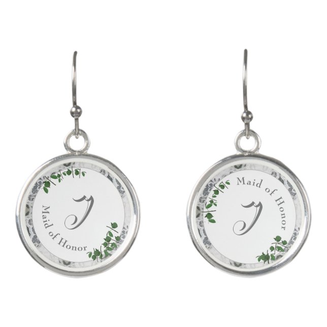 White Lace & Rose Leaves Monogrammed  Earrings (Front)