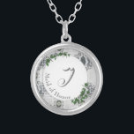 White Lace & Rose Leaves Monogrammed Silver Plated Necklace<br><div class="desc">Design features monogram in elegant silver text displayed in center against a white backing. Background features the image of white lace. Green rose leaves are delicately positioned at the edges.</div>