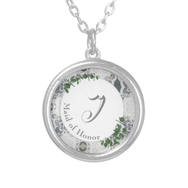 White Lace & Rose Leaves Monogrammed Silver Plated Necklace (Front)