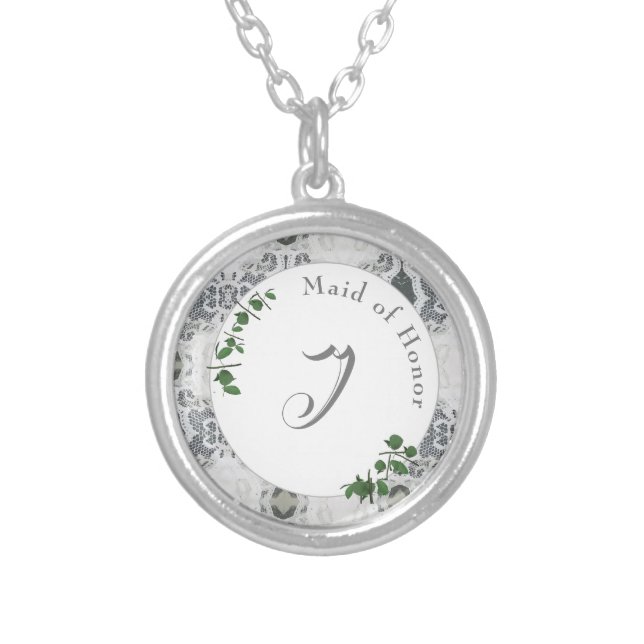 White Lace & Rose Leaves Monogrammed  Silver Plated Necklace (Front)