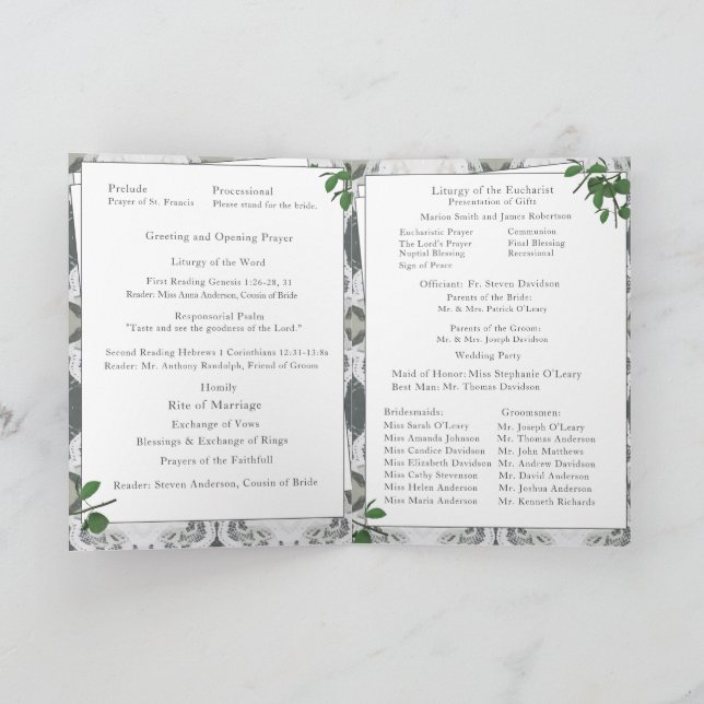 White Lace & Rose Leaves Nuptial Mass with Photo  Program (Inside)