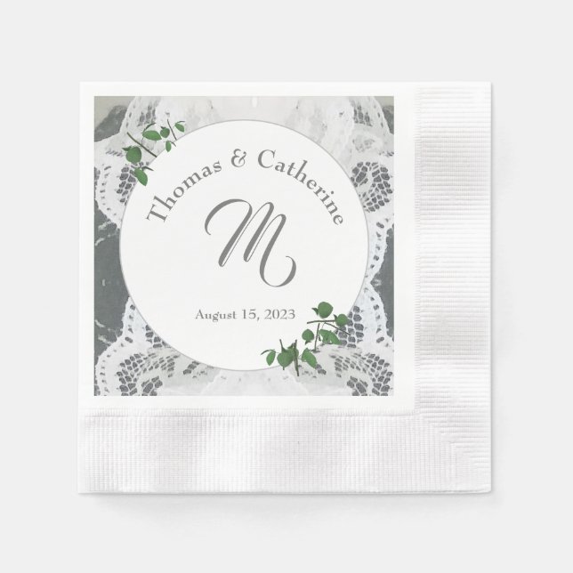 White Lace & Rose Leaves Paper Plate Napkins (Front)