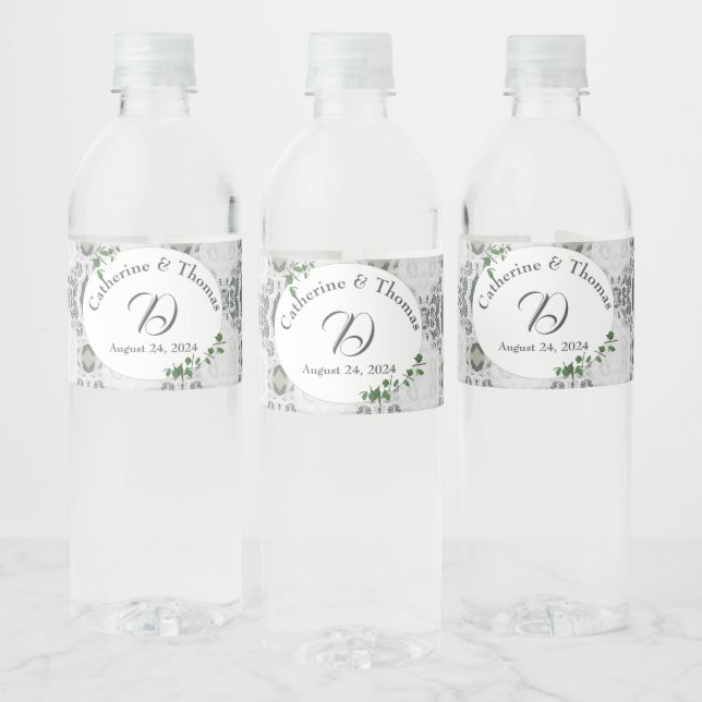 White Lace & Rose Leaves  Water Bottle Label (Bottles)