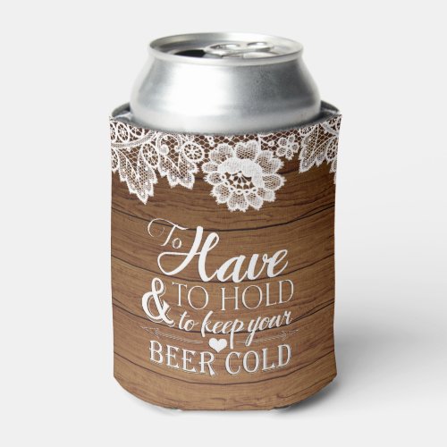 White Lace Rustic Barn Wood Monogram Wedding Can Cooler