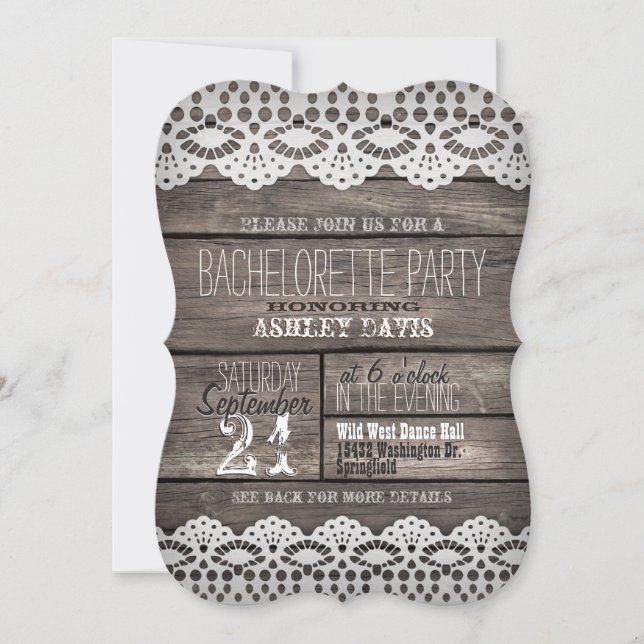 White Lace; Rustic Brown Wood Bachelorette Party Invitation (Front)