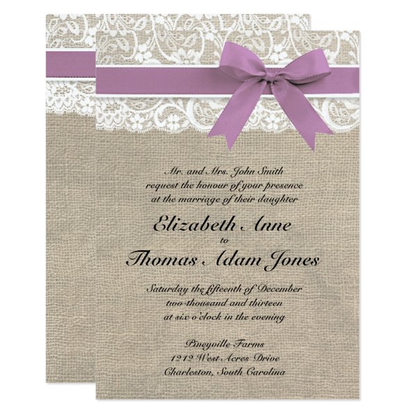 161952078347300178 White Lace Rustic Burlap Wedding Invitation Purple